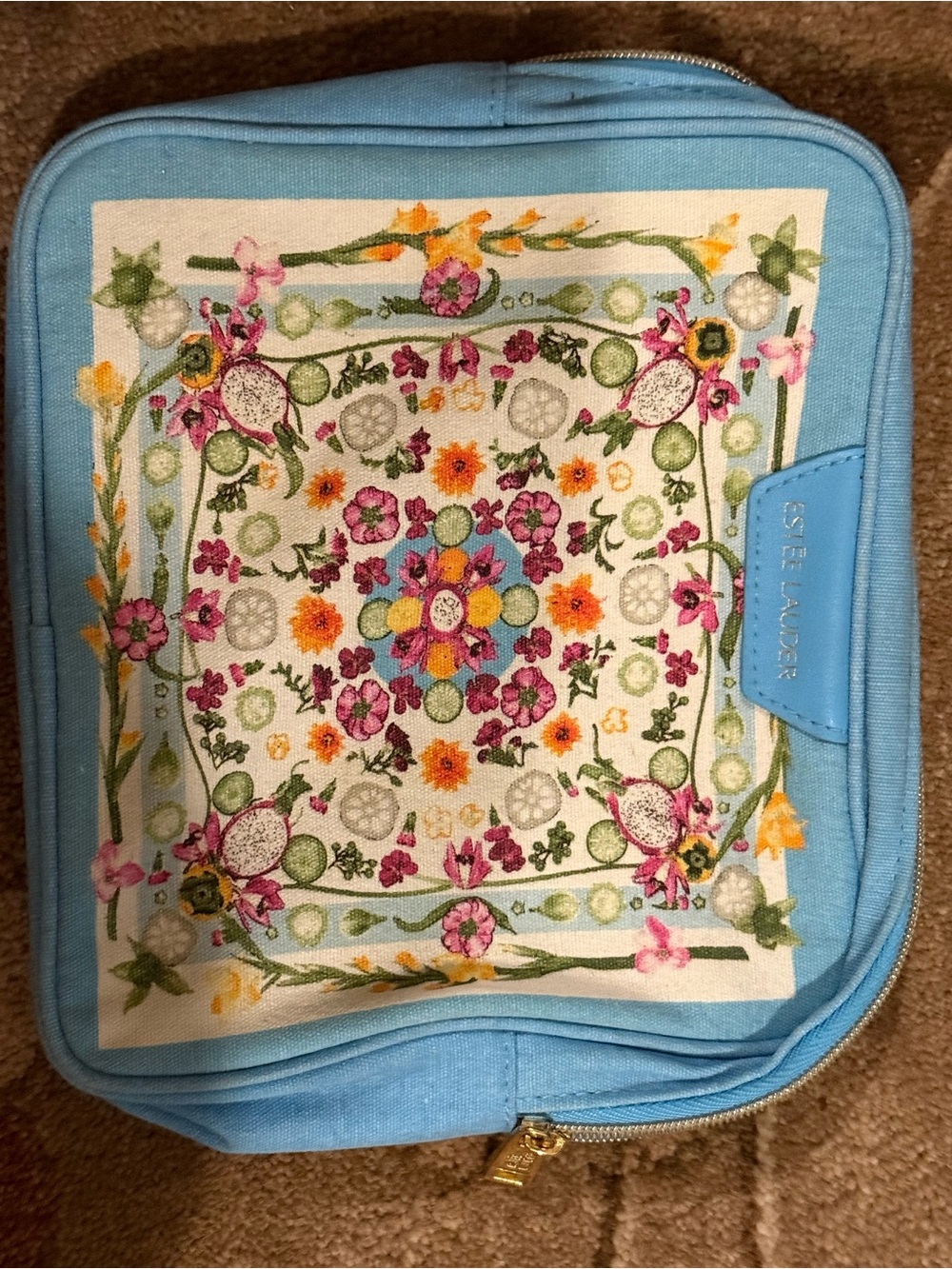 Estee Lauder Blue Floral Embroidered Cosmetic Case